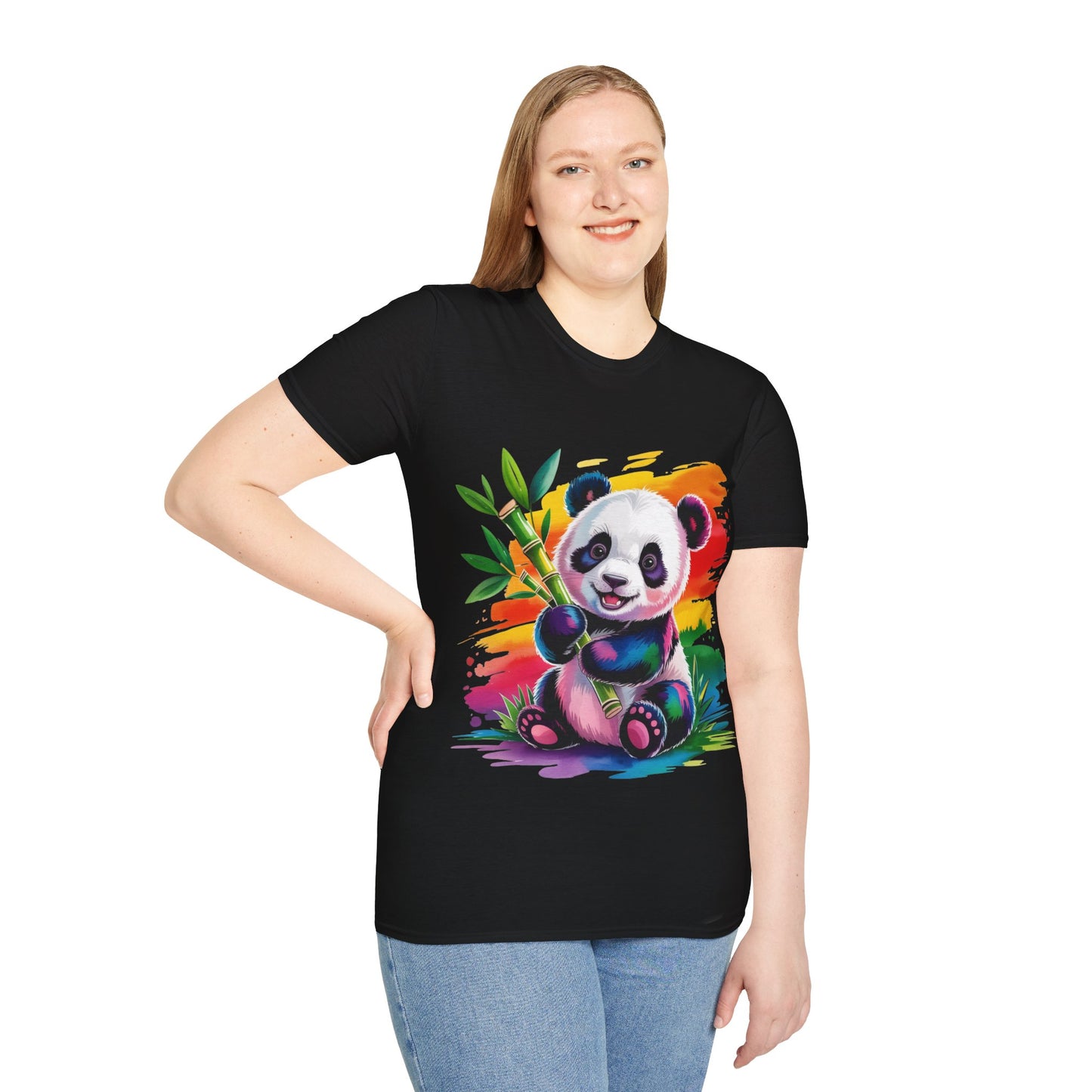Cute Rainbow Panda T-Shirt — Colorful Baby Panda Holding Bamboo Tee