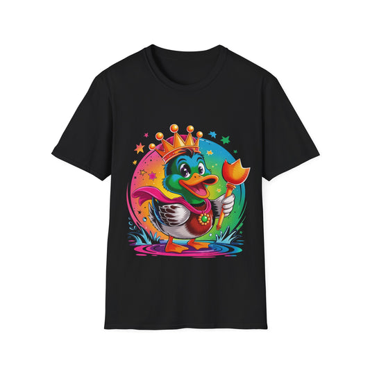 Duck King Graphic T-Shirt — Colorful Crowned Duck Holding Flower