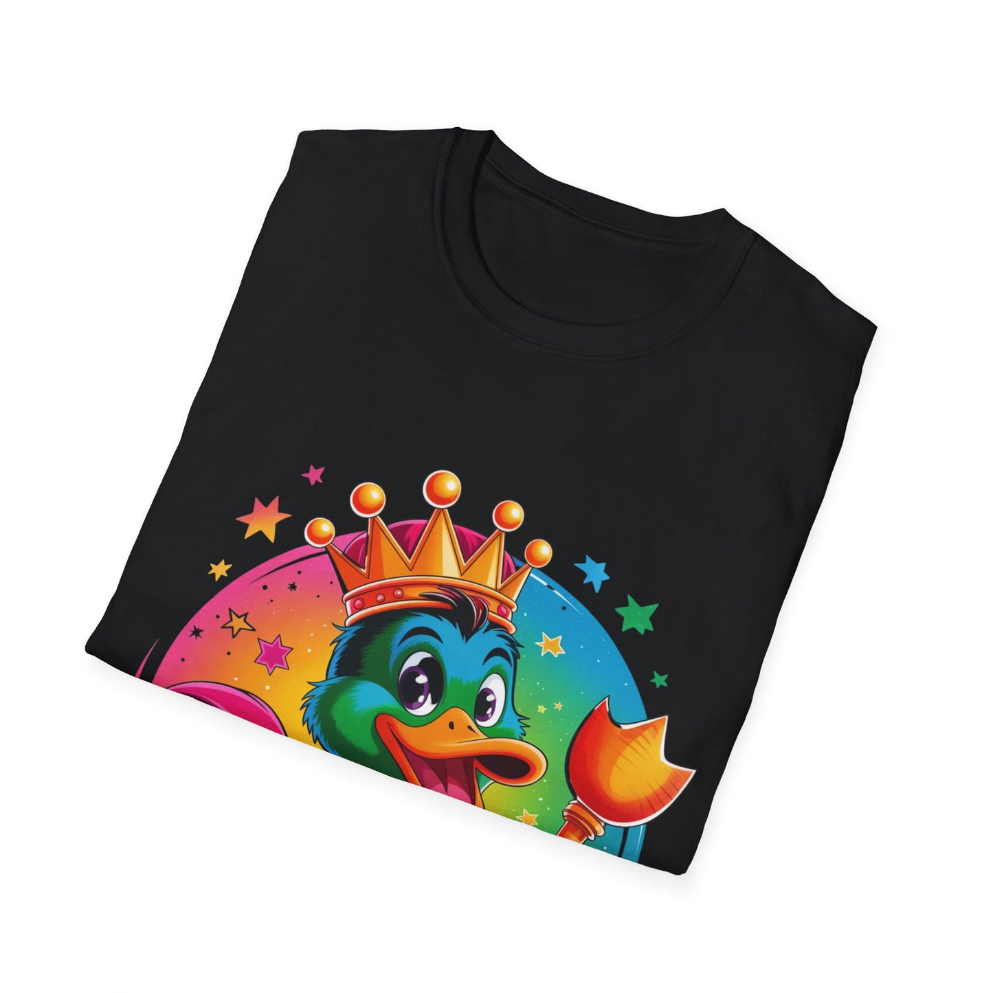 Duck King Graphic T-Shirt — Colorful Crowned Duck Holding Flower