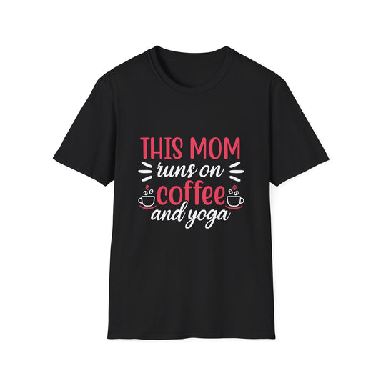 Mom T-Shirt - "This Mom Runs on Coffee and Yoga" Graphic Tee | Mother's Day, Yoga Mom Gift
