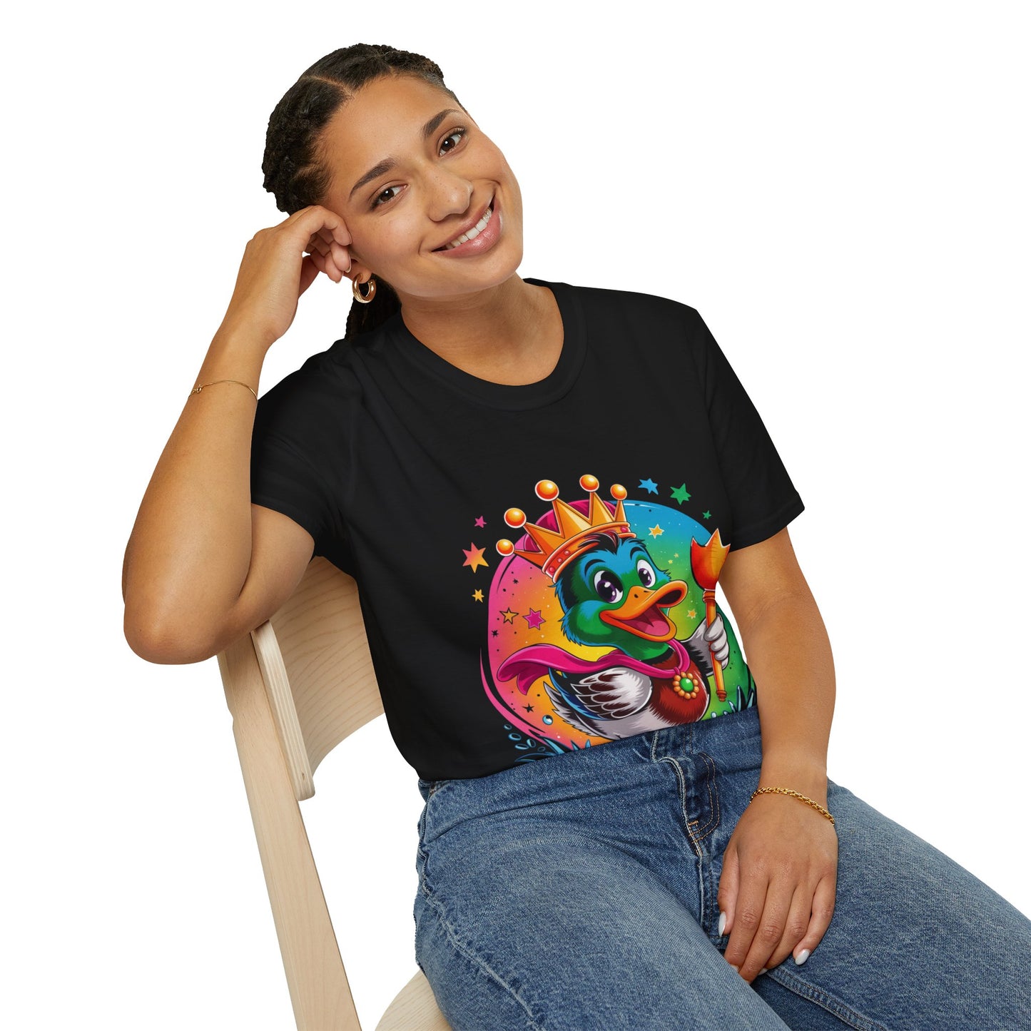 Duck King Graphic T-Shirt — Colorful Crowned Duck Holding Flower