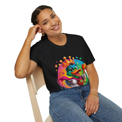 Duck King Graphic T-Shirt — Colorful Crowned Duck Holding Flower