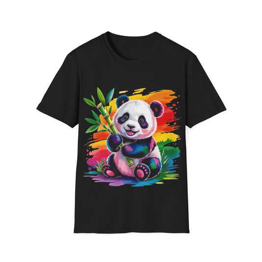 Cute Rainbow Panda T-Shirt — Colorful Baby Panda Holding Bamboo Tee
