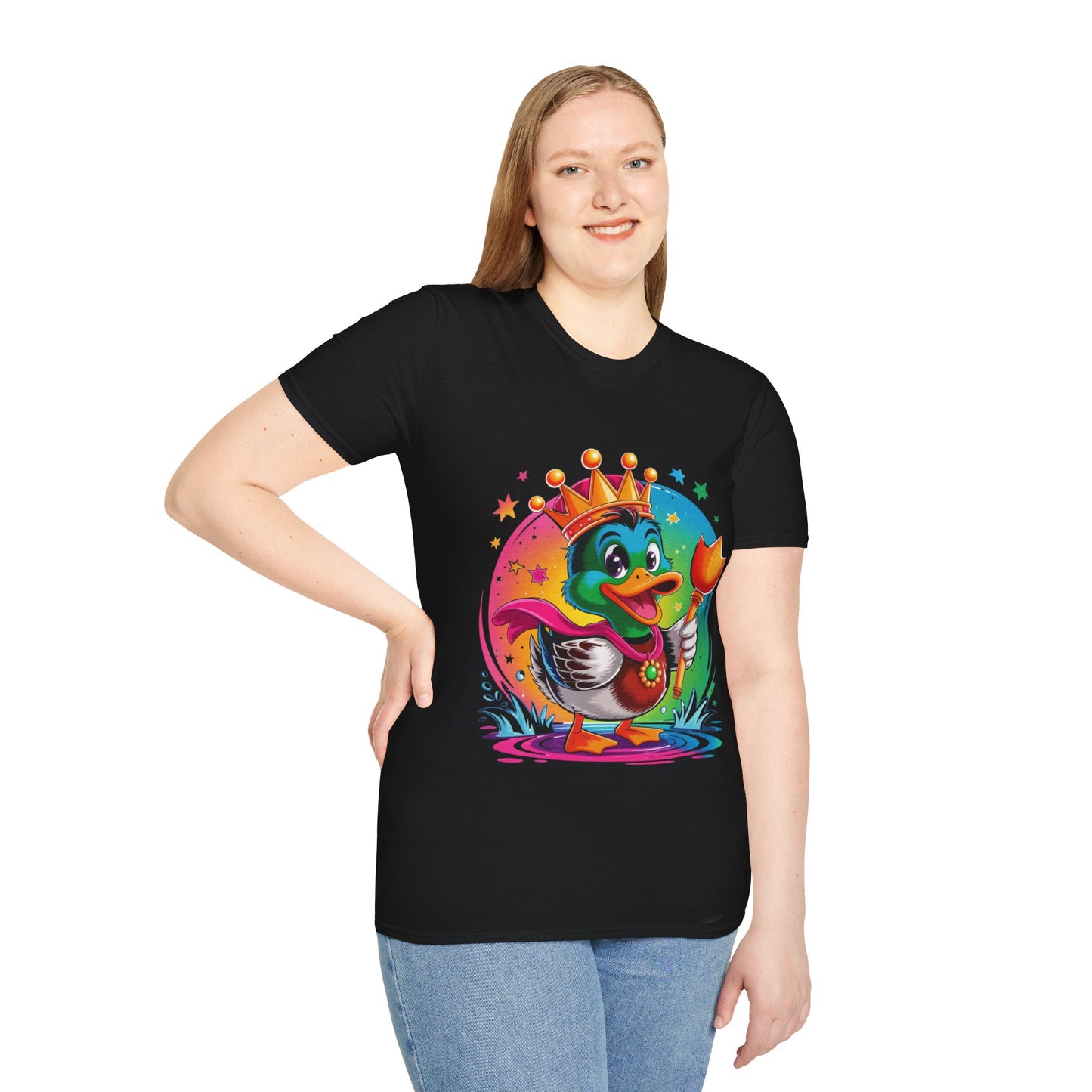 Duck King Graphic T-Shirt — Colorful Crowned Duck Holding Flower
