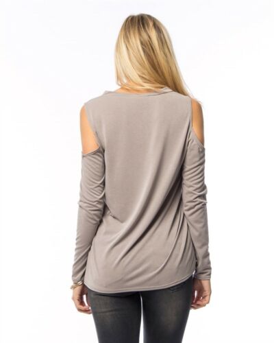 KT7101901-Pewter Cold Shoulder Cutout Long Sleeve Top