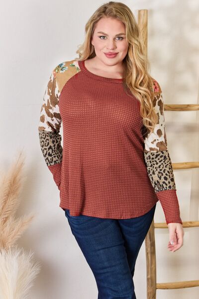 Hailey & Co Full Size Leopard Waffle-Knit Blouse