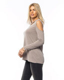 KT7101901-Pewter Cold Shoulder Cutout Long Sleeve Top