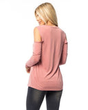 KT7101901-Pink Cold Shoulder Cutout Long Sleeve Top