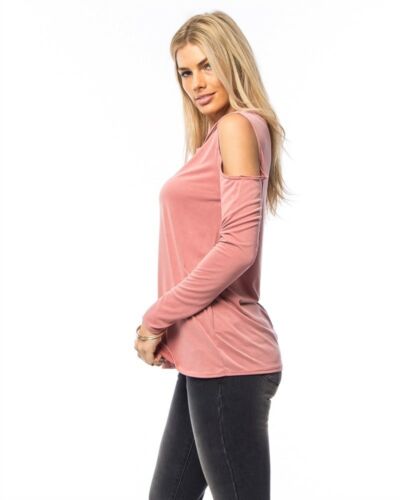KT7101901-Pink Cold Shoulder Cutout Long Sleeve Top