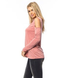 KT7101901-Pink Cold Shoulder Cutout Long Sleeve Top