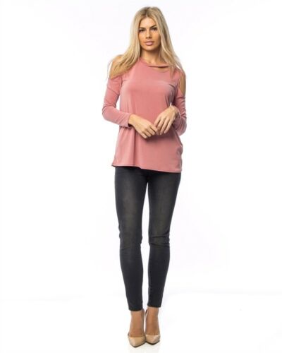 KT7101901-Pink Cold Shoulder Cutout Long Sleeve Top