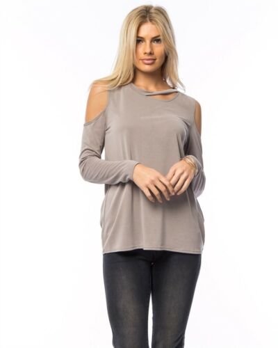 KT7101901-Pewter Cold Shoulder Cutout Long Sleeve Top