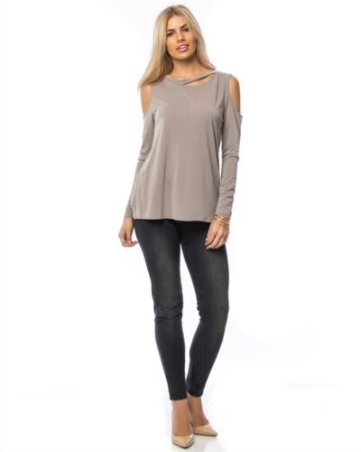 KT7101901-Pewter Cold Shoulder Cutout Long Sleeve Top