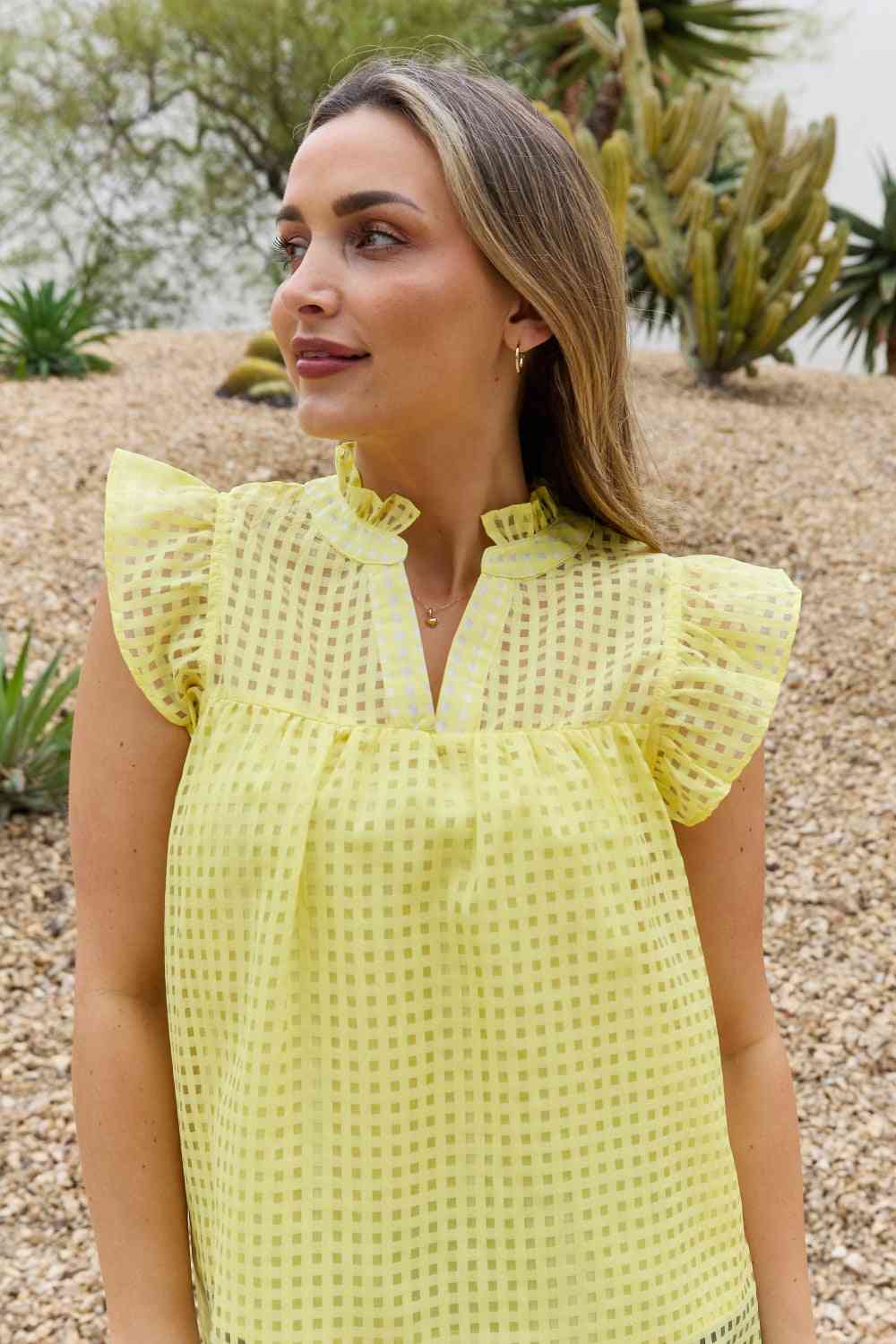 And The Why Full Size Ruffle Sleeve Grid Babydoll Top