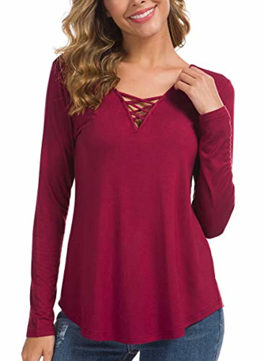 Women's Fall Long Sleeve V-Neck T-Shirt Tunic Tops Criss Cross Casual Blouse Shirts