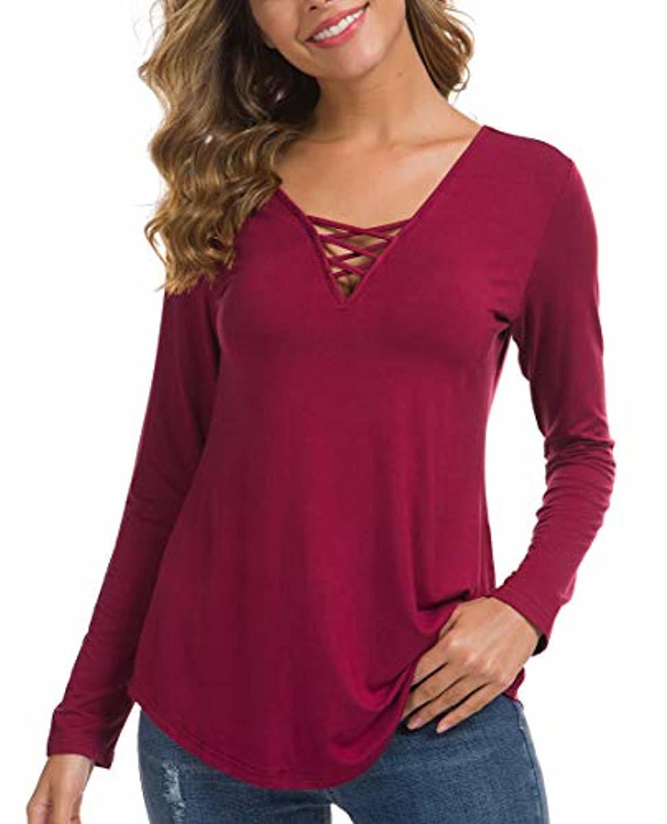 Women's Fall Long Sleeve V-Neck T-Shirt Tunic Tops Criss Cross Casual Blouse Shirts