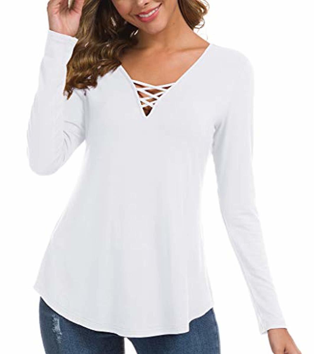 Women's Fall Long Sleeve V-Neck T-Shirt Tunic Tops Criss Cross Casual Blouse Shirts