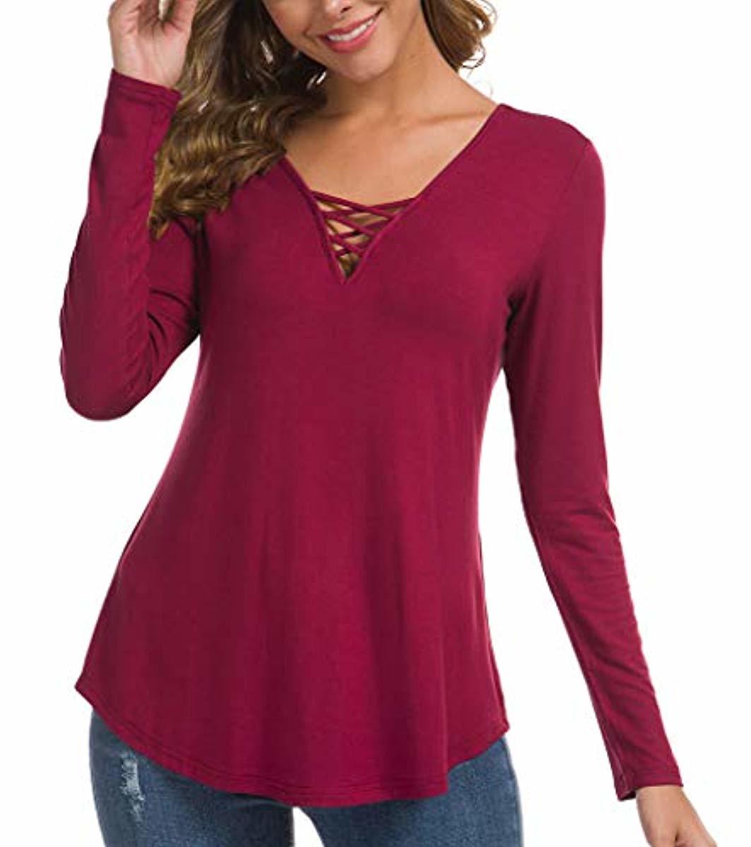 Women's Fall Long Sleeve V-Neck T-Shirt Tunic Tops Criss Cross Casual Blouse Shirts