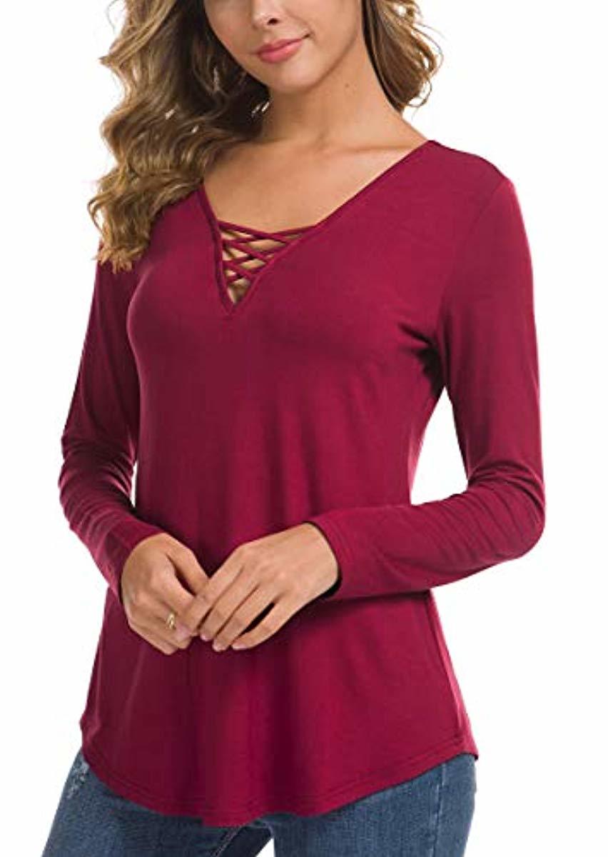 Women's Fall Long Sleeve V-Neck T-Shirt Tunic Tops Criss Cross Casual Blouse Shirts