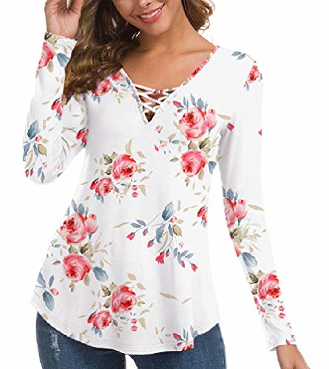 Women's Fall Long Sleeve V-Neck T-Shirt Tunic Tops Criss Cross Casual Blouse Shirts