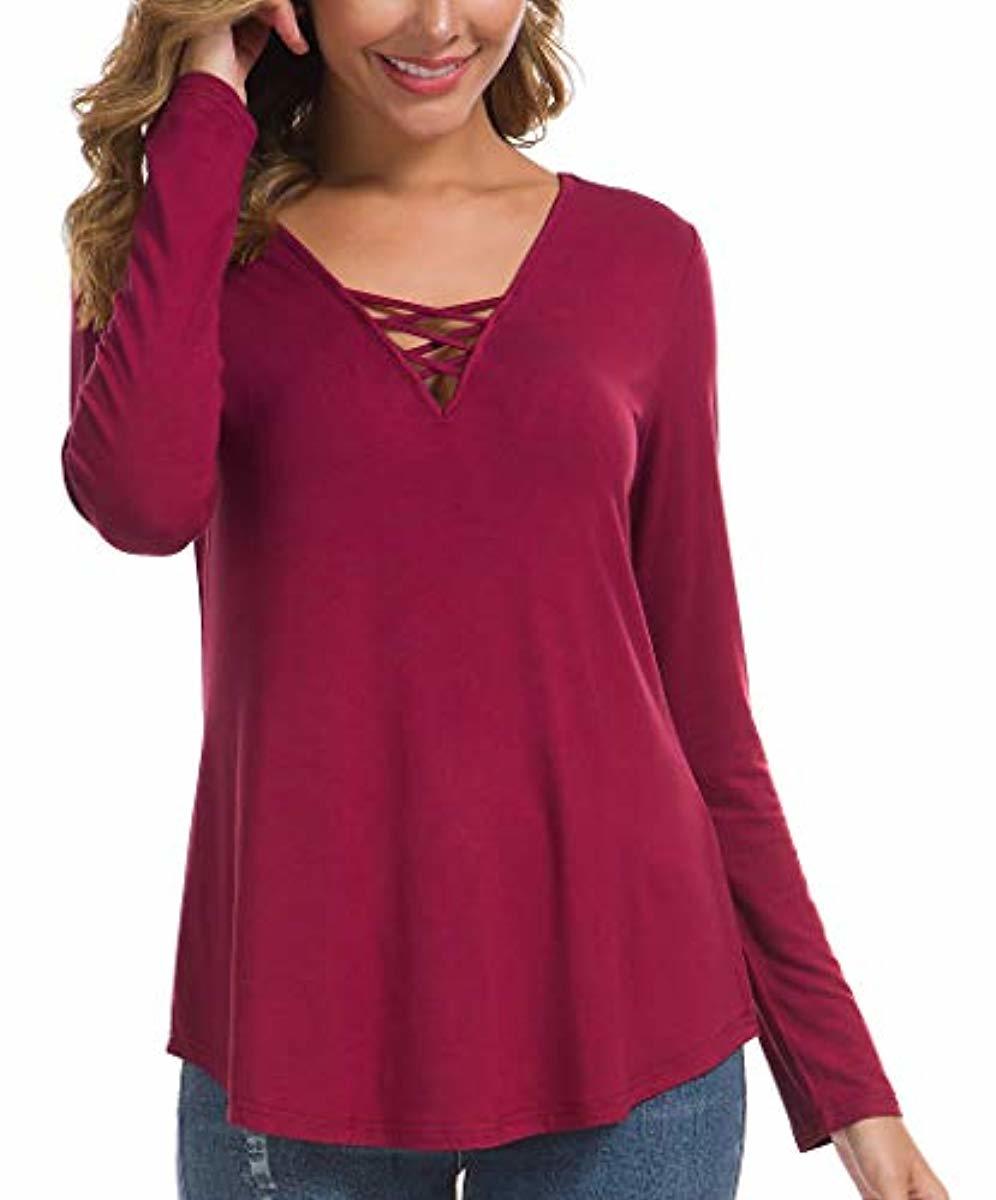 Women's Fall Long Sleeve V-Neck T-Shirt Tunic Tops Criss Cross Casual Blouse Shirts