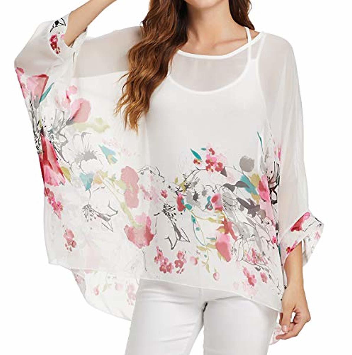 Women Chiffon Blouse Floral Batwing Sleeve Beach Cover Up Loose Tunic Shirt Tops