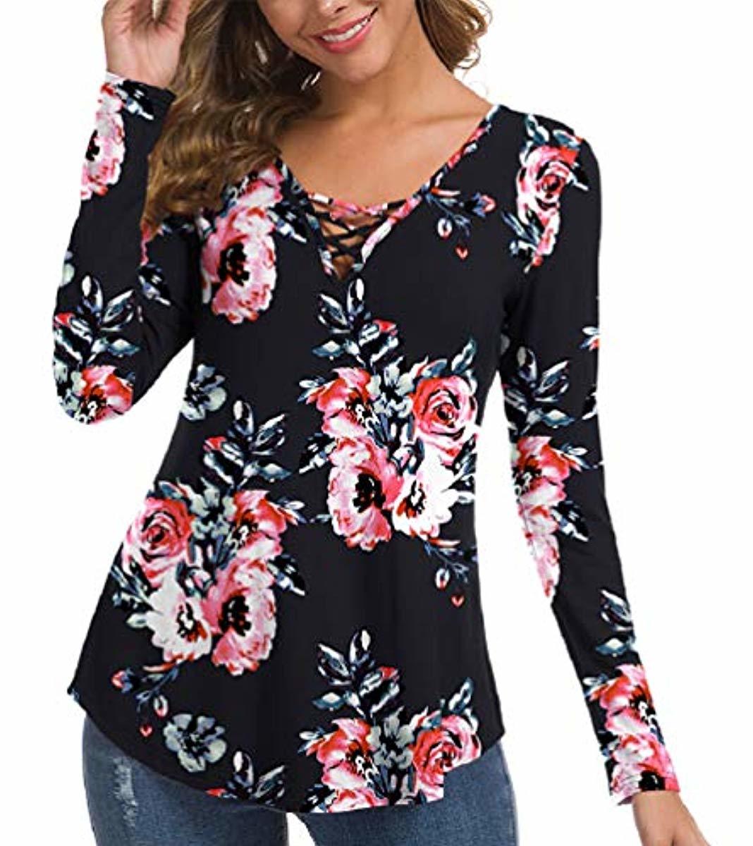 Women's Fall Long Sleeve V-Neck T-Shirt Tunic Tops Criss Cross Casual Blouse Shirts