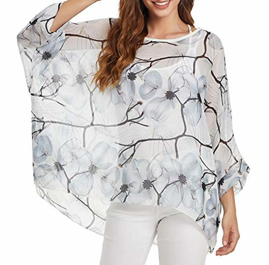 Women Chiffon Blouse Floral Batwing Sleeve Beach Cover Up Loose Tunic Shirt Tops