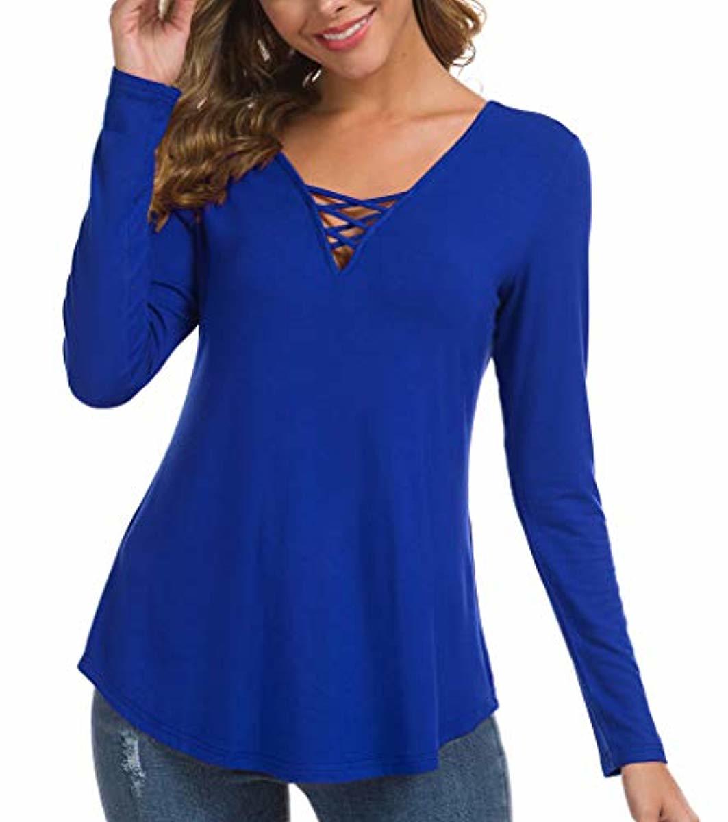 Women's Fall Long Sleeve V-Neck T-Shirt Tunic Tops Criss Cross Casual Blouse Shirts