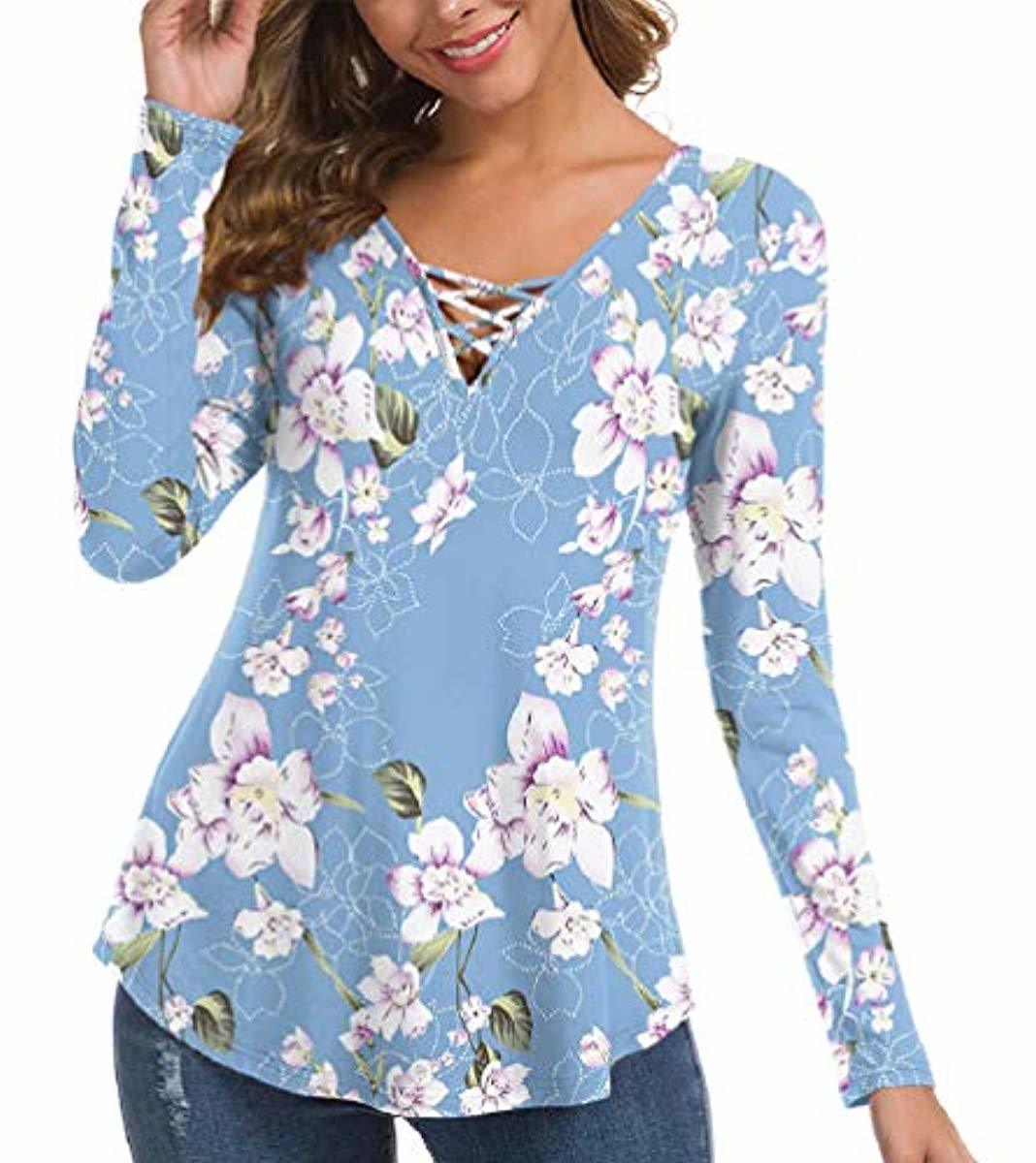 Women's Fall Long Sleeve V-Neck T-Shirt Tunic Tops Criss Cross Casual Blouse Shirts