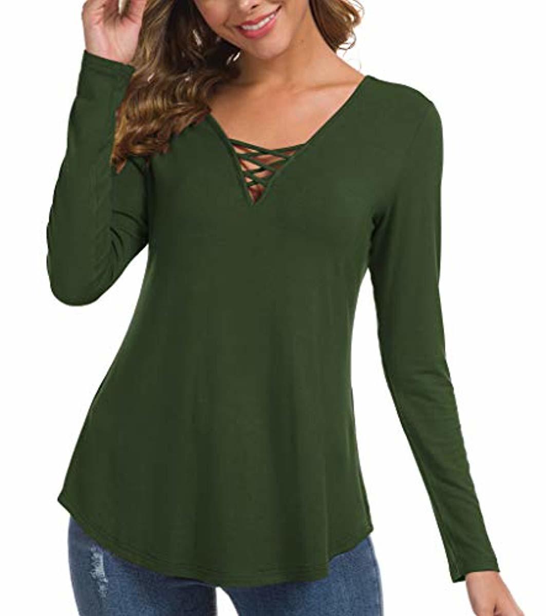 Women's Fall Long Sleeve V-Neck T-Shirt Tunic Tops Criss Cross Casual Blouse Shirts