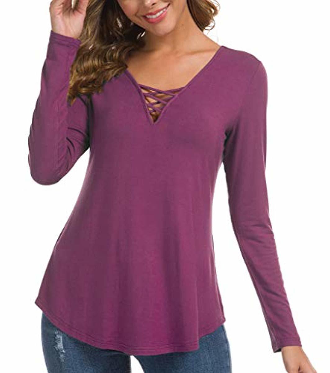 Women's Fall Long Sleeve V-Neck T-Shirt Tunic Tops Criss Cross Casual Blouse Shirts